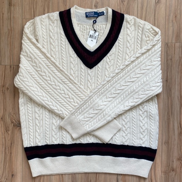 New!🍁Polo Ralph Lauren Cable Knit Alpaca Wool V-Neck Jumper Varsity Sweater XXL - Picture 4 of 15